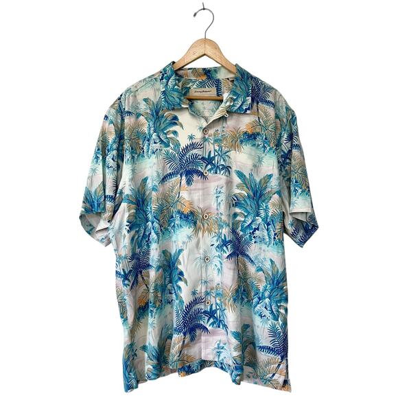 Tommy Bahama Blue Green Hawaiian Tropical Silk Rayon SS Button Up Shirt XL - Picture 2 of 7